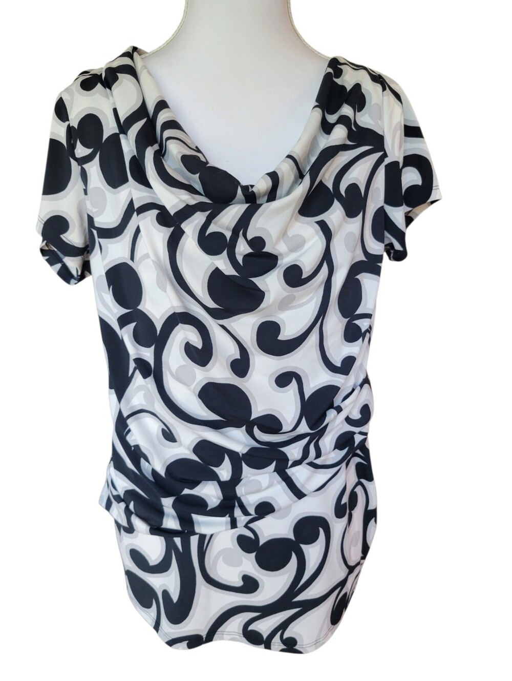 New York & Company Black White Whimsy Print Cowl Neck Short Sleeve Blouse